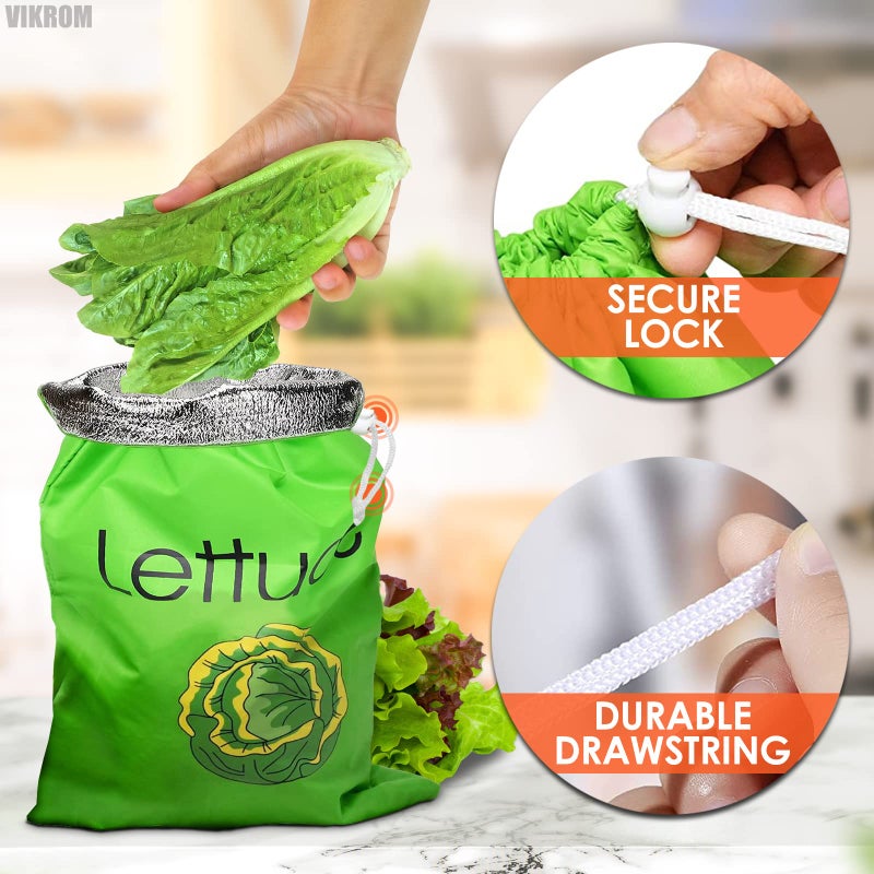 VIKROM Lettuce Keeper for Refrigerator â€“ 3-Layer Reusable Produce Storage Bags with Foil Lining and Drawstring | Breathable, Washable, Sturdy & Easy to Use | Great for Lettuce, Leafy Greens, Fruits & Veggies - Image 3